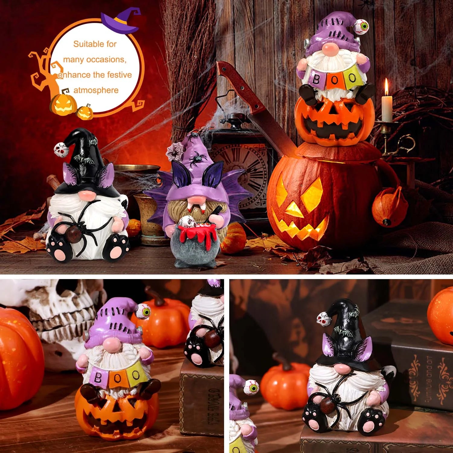 3Pcs Halloween Gnomes Decorations Halloween Gnomes Ornaments for Home Decor | Handmade Halloween Gifts | Resin |