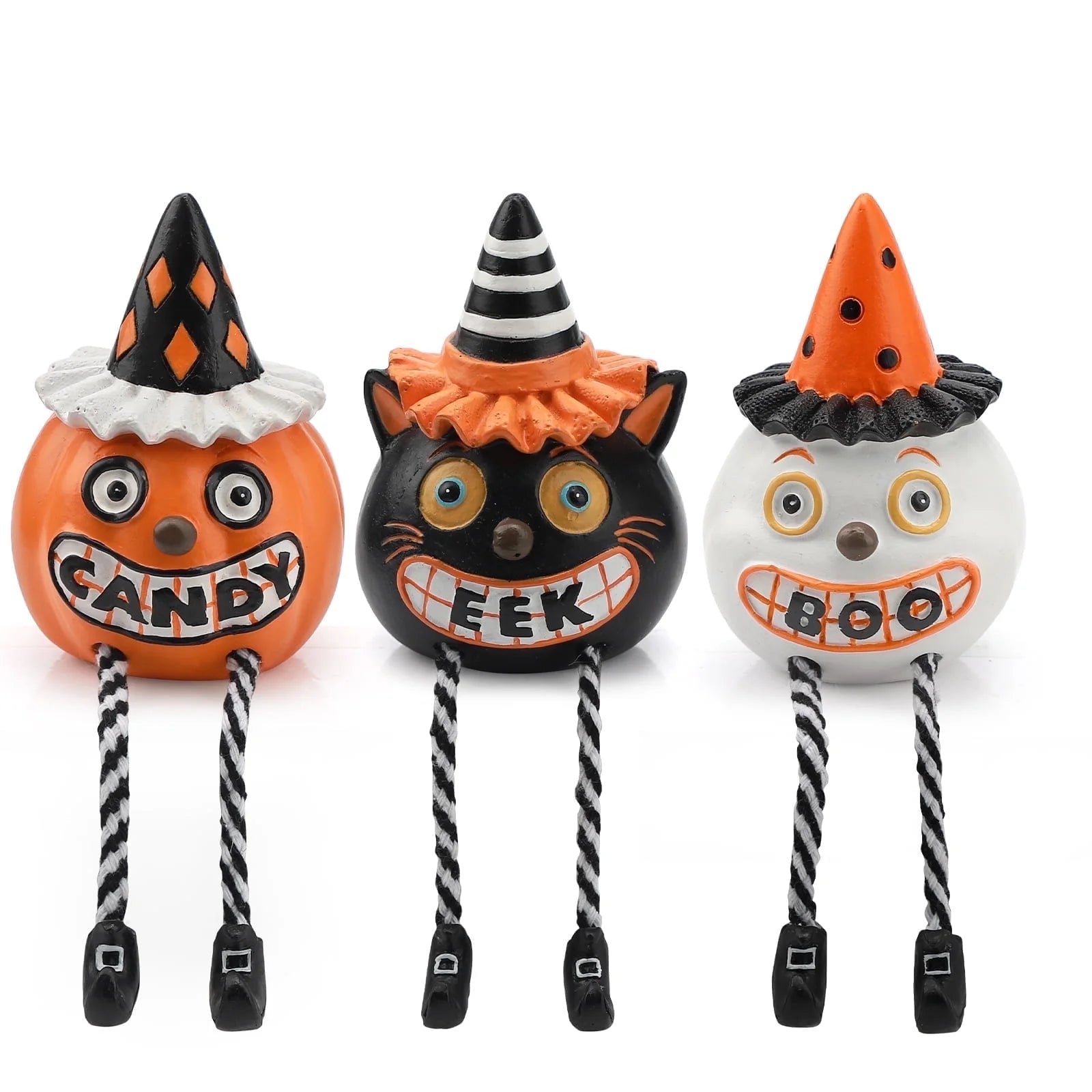Vintage Halloween Decor Shelf Sitters, Pumpkin Ghost Cat with Dangling Legs for Halloween Decorations Indoor, Set of 3