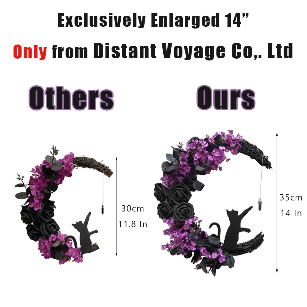 Halloween Wreath for Front Door Halloween Moon Wreath with Mini Black Cat Grapevine Wreath Halloween Door Wreath Decorations for Home Party Indoor Outdoor-14"