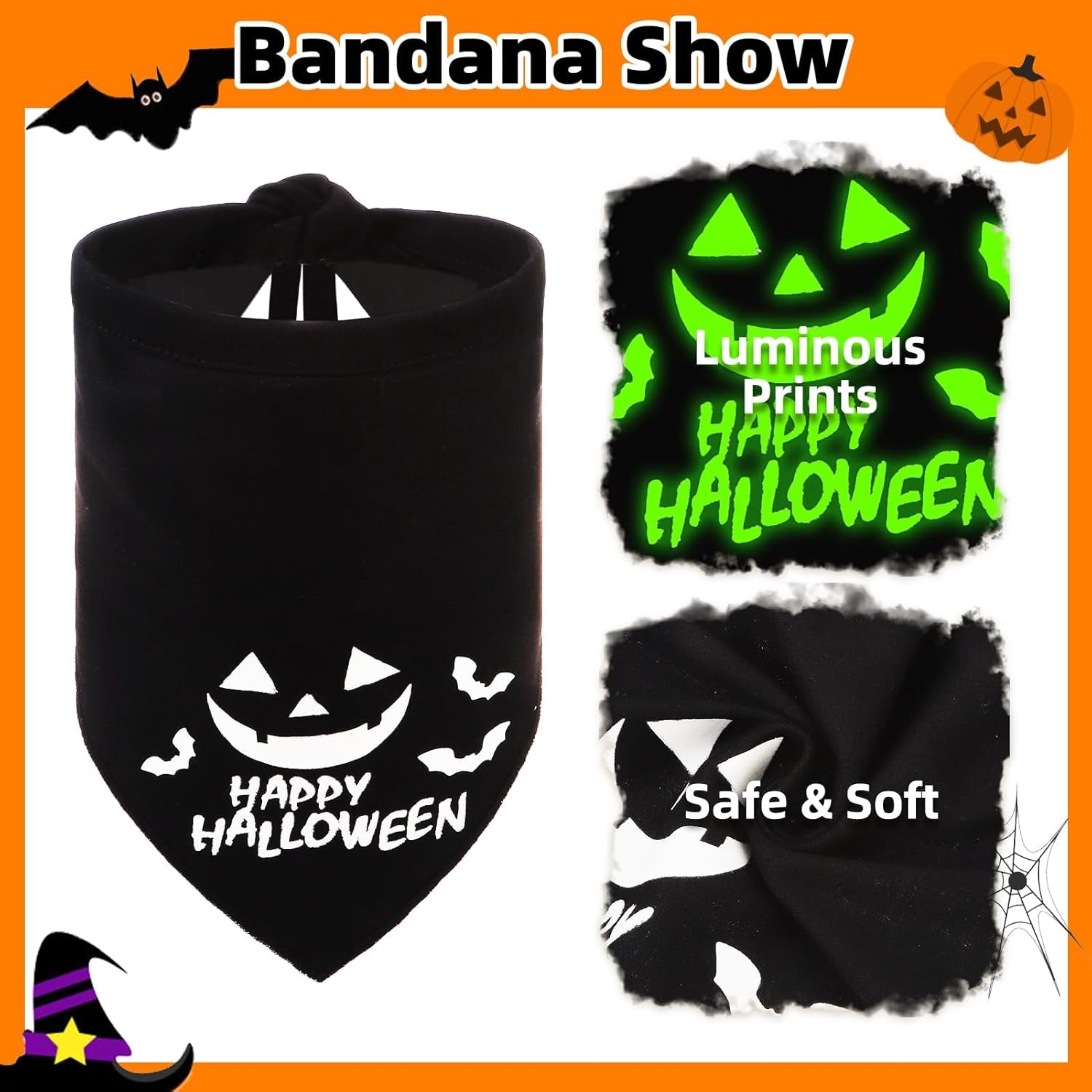 Dog Halloween Bandanas Scarf with Cute Doggy Wizard'S Hat, Pumpkin Costumes Decorations for Small Medium Large Dogs Boy Girl Funny, Black