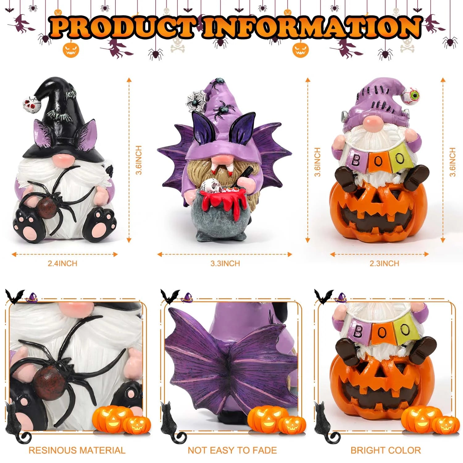 3Pcs Halloween Gnomes Decorations Halloween Gnomes Ornaments for Home Decor | Handmade Halloween Gifts | Resin |