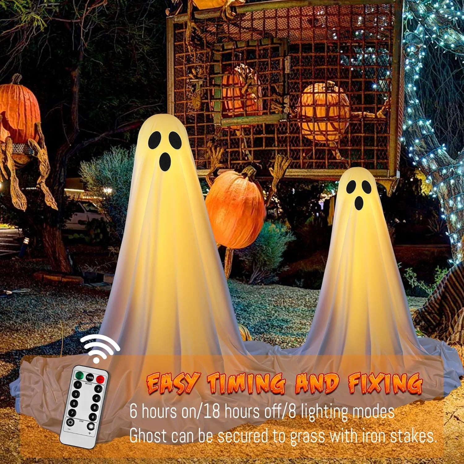 Halloween Decorations Outdoor Indoor Halloween Party Decorations Indoor,Spooky Ghost Decor with String Lights,Halloween Ghost Lights for Porches Yards Gardens Lawn 2 Pack