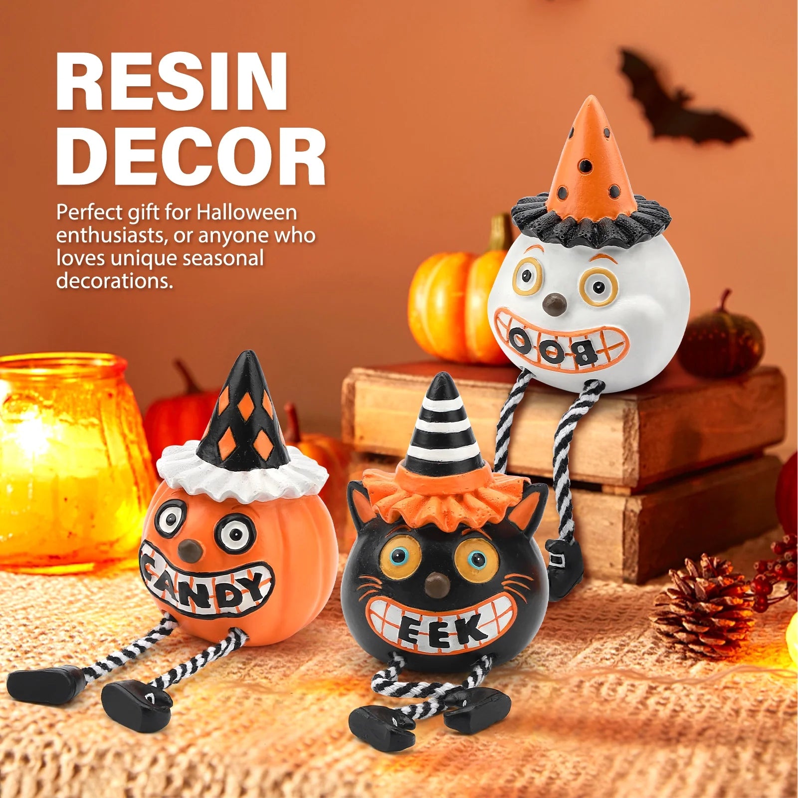 Vintage Halloween Decor Shelf Sitters, Pumpkin Ghost Cat with Dangling Legs for Halloween Decorations Indoor, Set of 3
