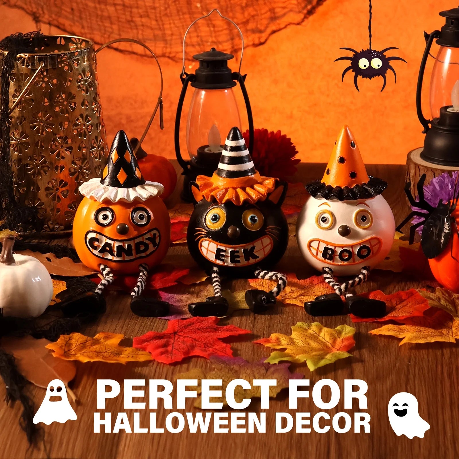 Vintage Halloween Decor Shelf Sitters, Pumpkin Ghost Cat with Dangling Legs for Halloween Decorations Indoor, Set of 3