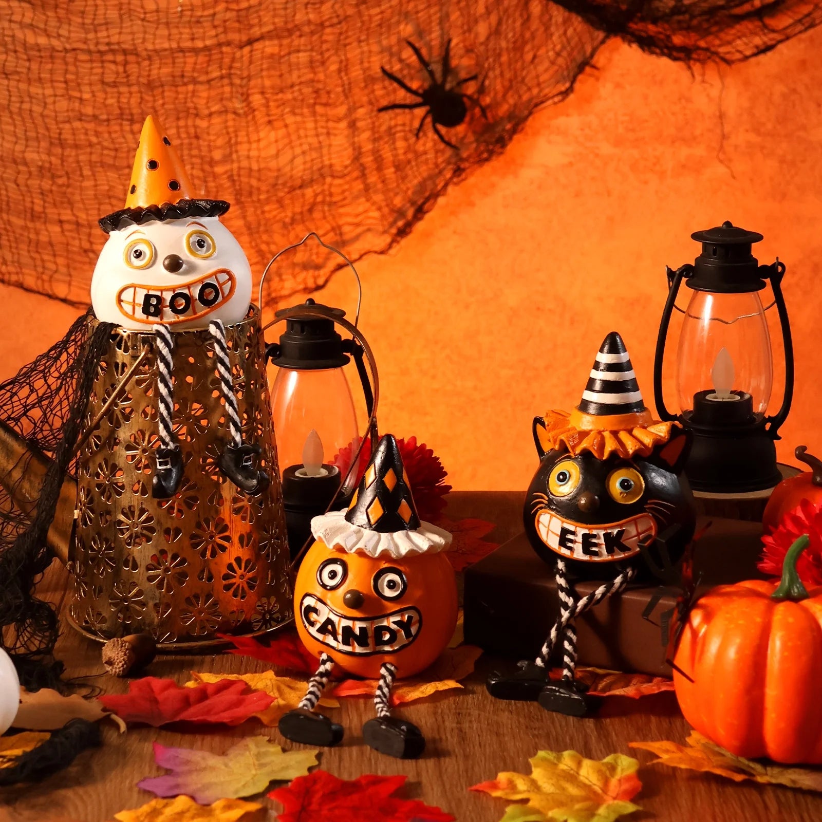 Vintage Halloween Decor Shelf Sitters, Pumpkin Ghost Cat with Dangling Legs for Halloween Decorations Indoor, Set of 3