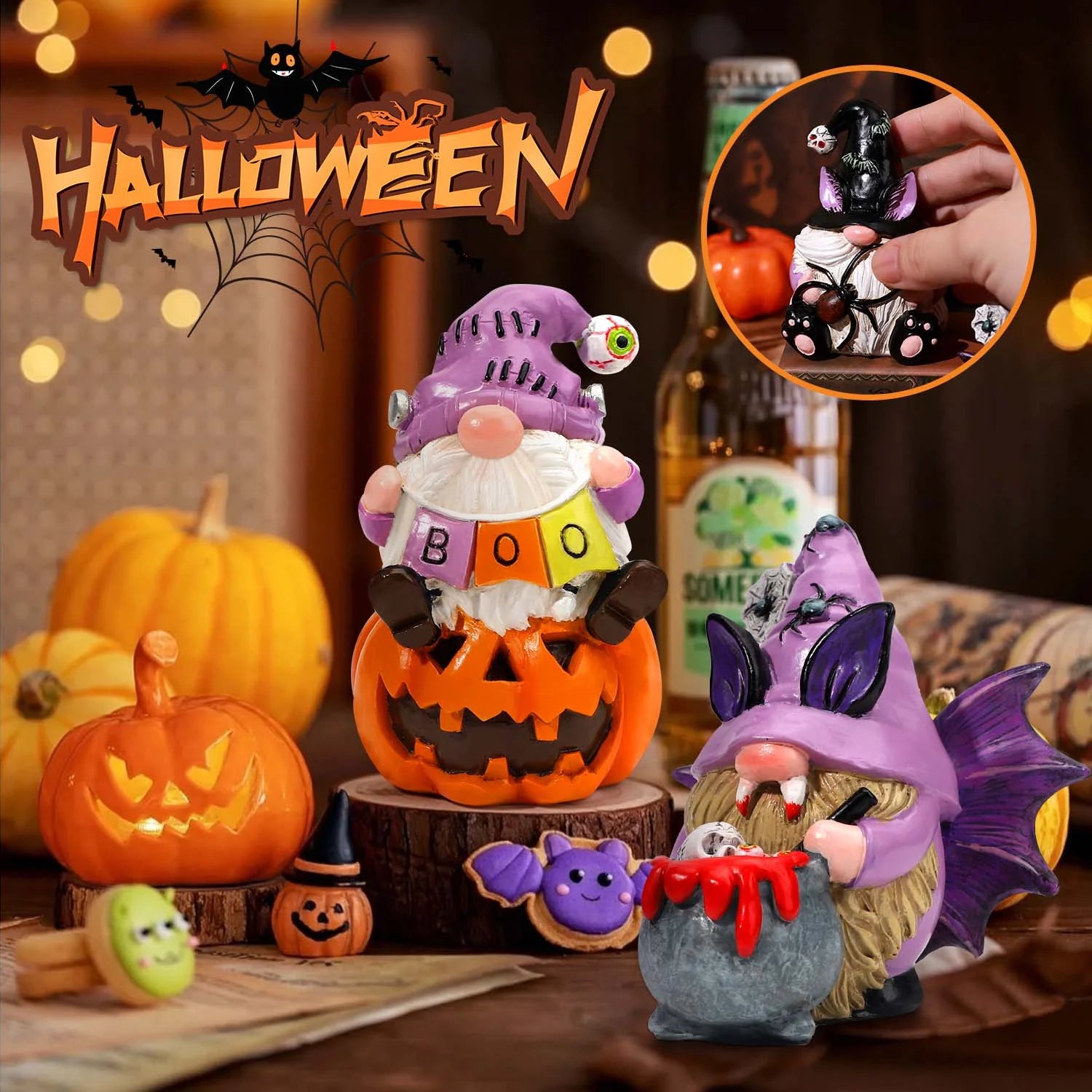3Pcs Halloween Gnomes Decorations Halloween Gnomes Ornaments for Home Decor | Handmade Halloween Gifts | Resin |