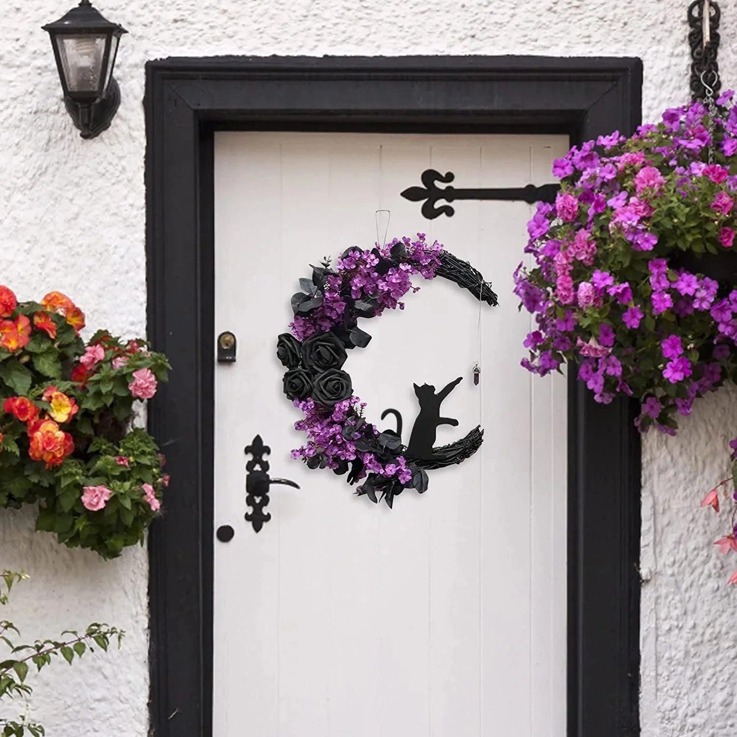 Halloween Wreath for Front Door Halloween Moon Wreath with Mini Black Cat Grapevine Wreath Halloween Door Wreath Decorations for Home Party Indoor Outdoor-14"