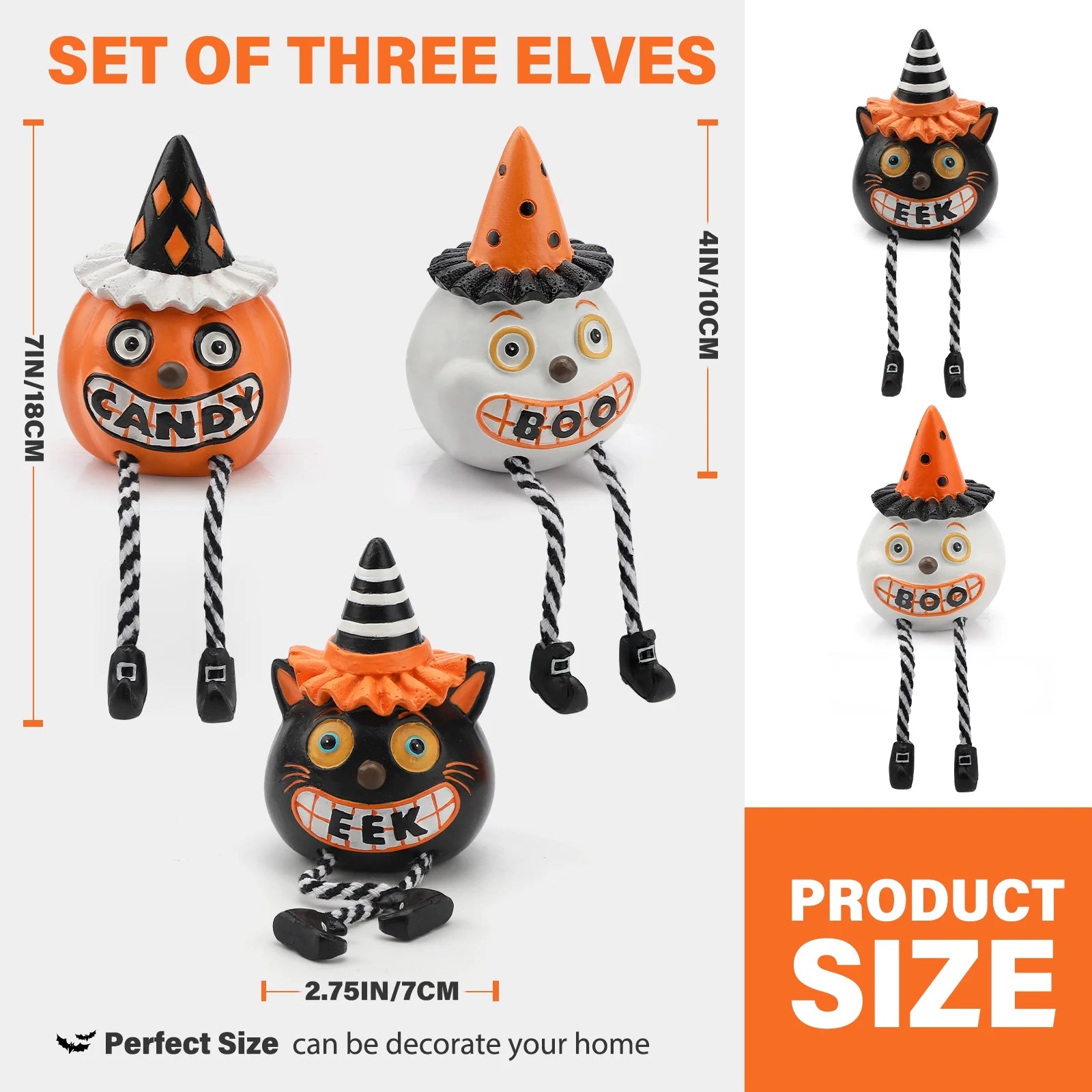 Vintage Halloween Decor Shelf Sitters, Pumpkin Ghost Cat with Dangling Legs for Halloween Decorations Indoor, Set of 3