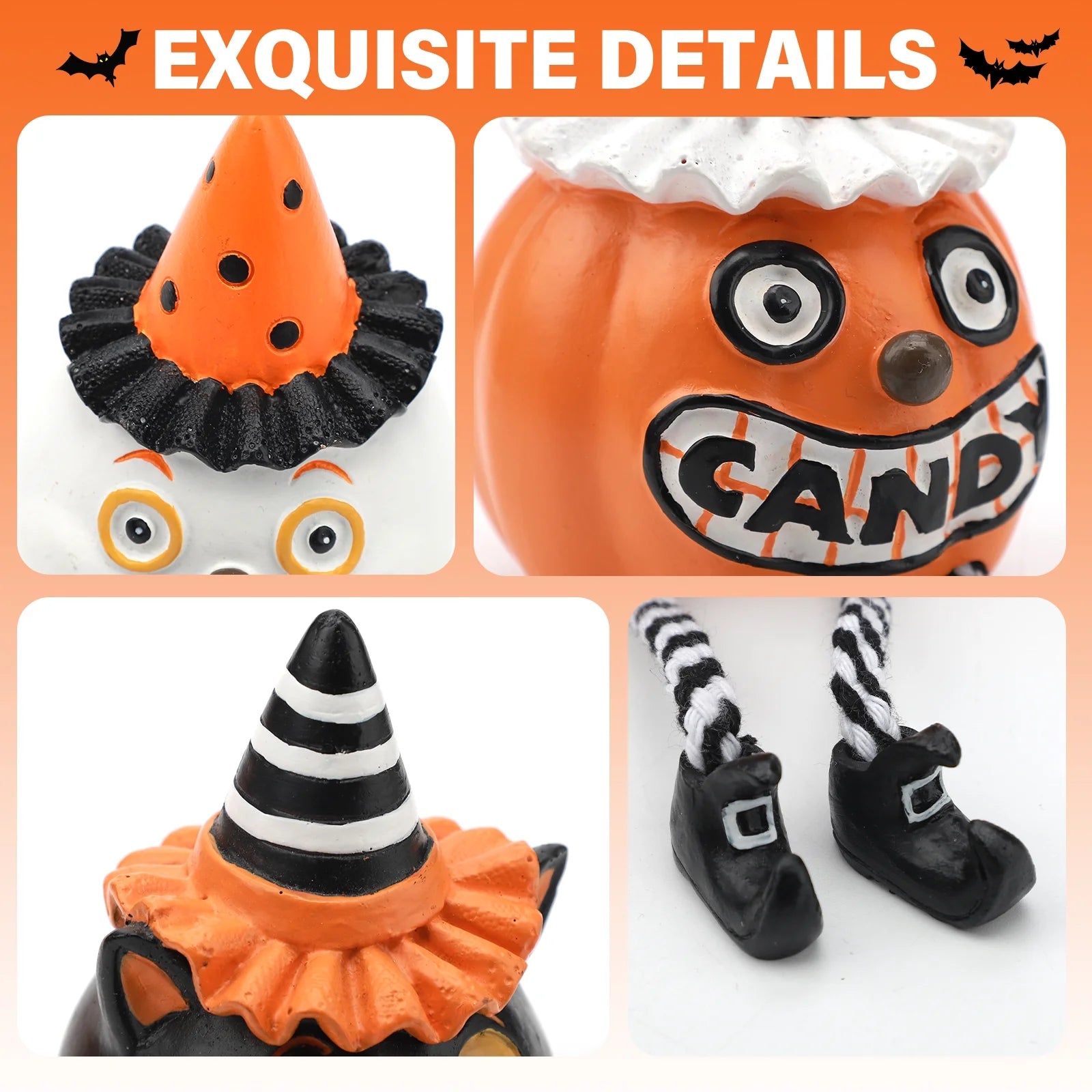 Vintage Halloween Decor Shelf Sitters, Pumpkin Ghost Cat with Dangling Legs for Halloween Decorations Indoor, Set of 3